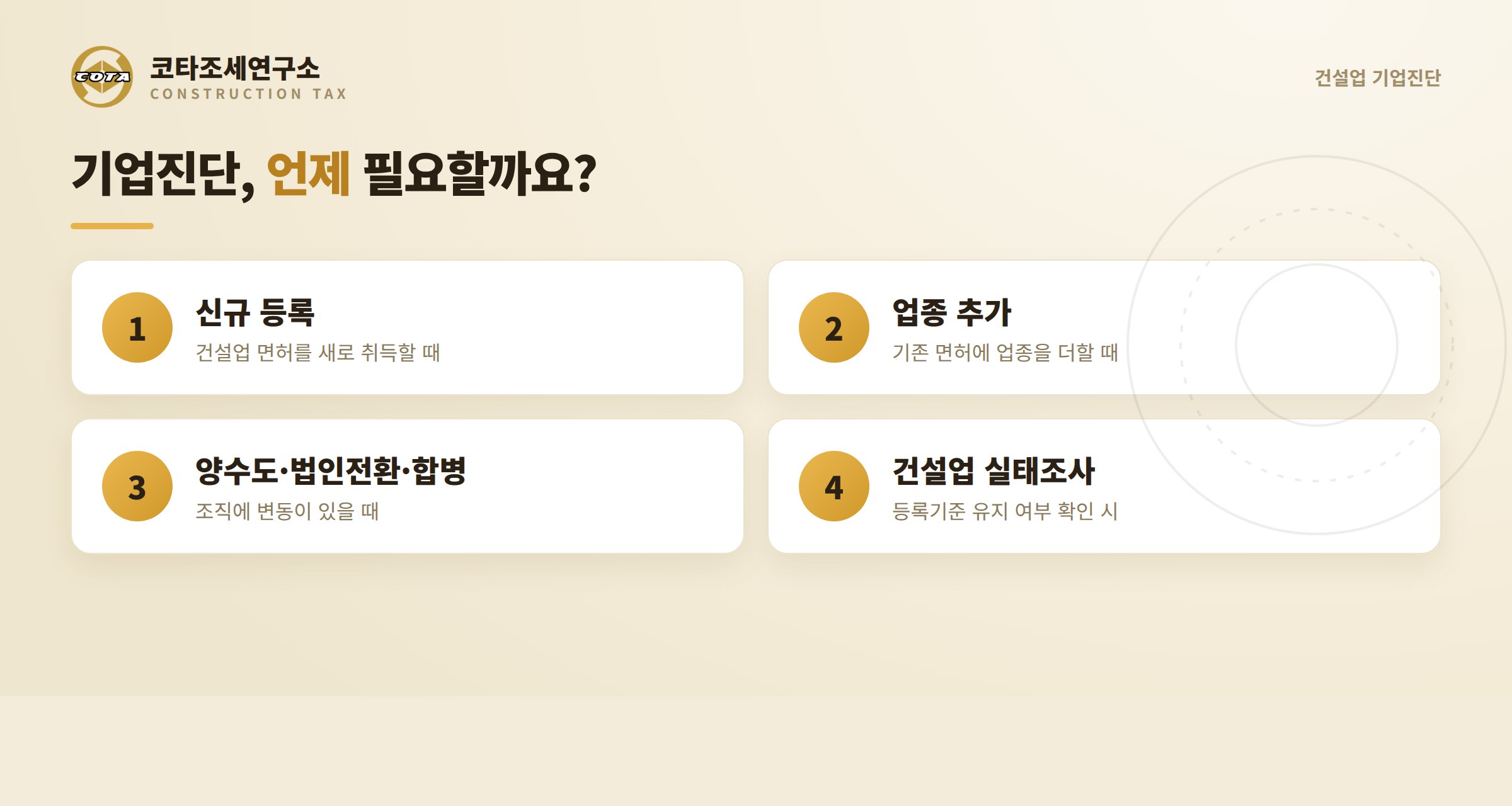 건설업 기업진단이 필요한 시점 - 신규 등록, 업종 추가, 양수도·법인전환·합병, 건설업 실태조사